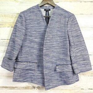 Alfani Size 12 Blue White Textured Open Front Blazer Jacket 3/4 Slv Zip Pockets